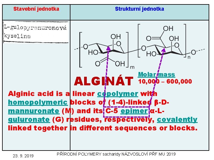 Stavební jednotka Strukturní jednotka ALGINÁT Molar mass 10, 000 – 600, 000 Alginic acid