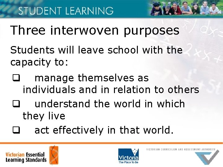 Three interwoven purposes Students will leave school with the capacity to: manage themselves as