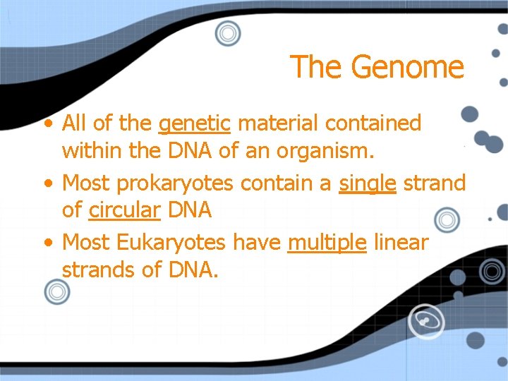 The Genome • All of the genetic material contained within the DNA of an