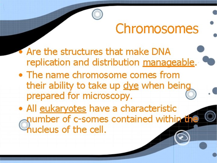 Chromosomes • Are the structures that make DNA replication and distribution manageable. • The