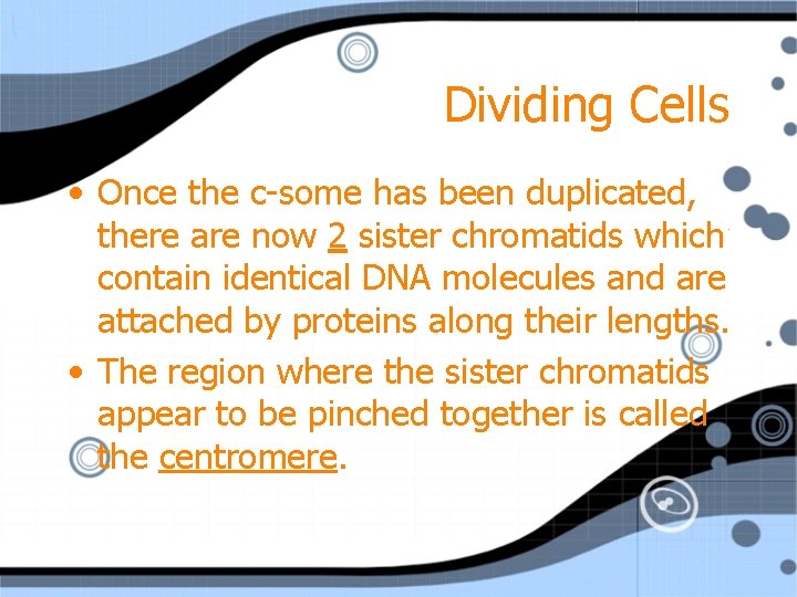 Dividing Cells • Once the c-some has been duplicated, there are now 2 sister