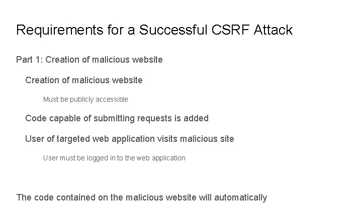 Requirements for a Successful CSRF Attack Part 1: Creation of malicious website Must be