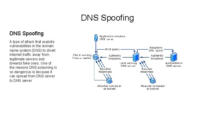 DNS Spoofing A type of attack that exploits vulnerabilities in the domain name system