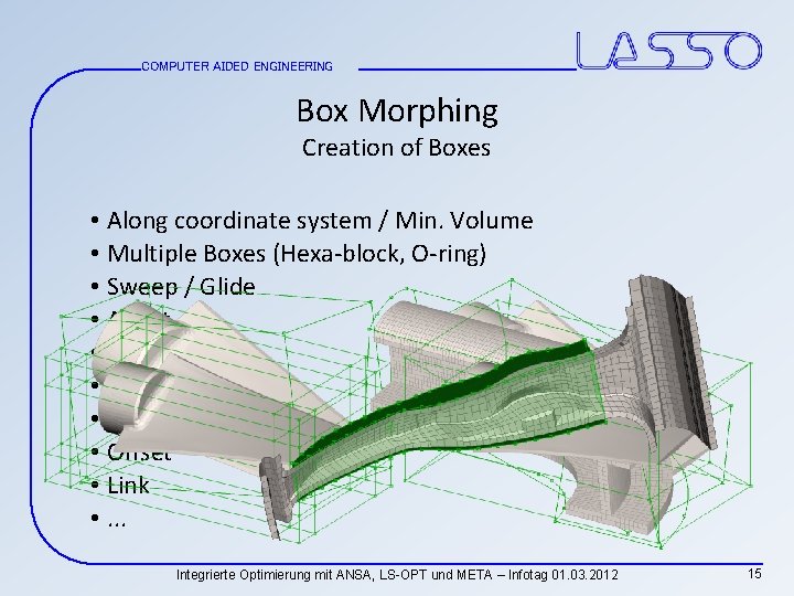 COMPUTER AIDED ENGINEERING Box Morphing Creation of Boxes • Along coordinate system / Min.