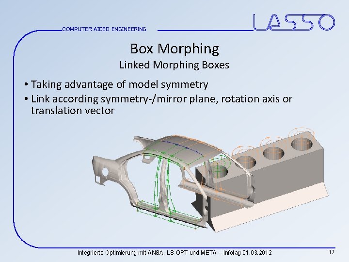COMPUTER AIDED ENGINEERING Box Morphing Linked Morphing Boxes • Taking advantage of model symmetry