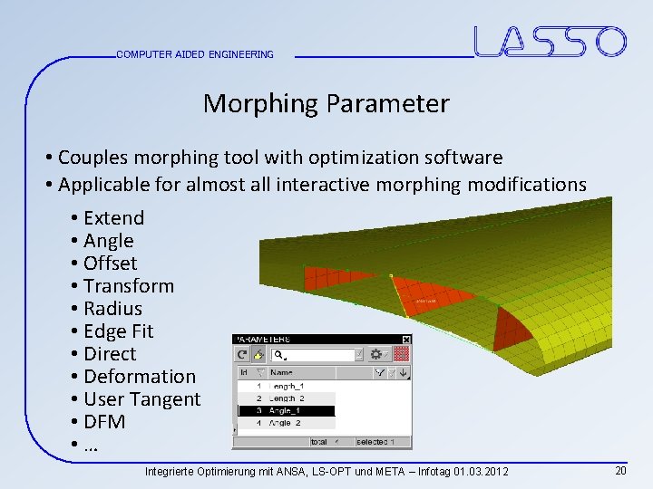 COMPUTER AIDED ENGINEERING Morphing Parameter • Couples morphing tool with optimization software • Applicable