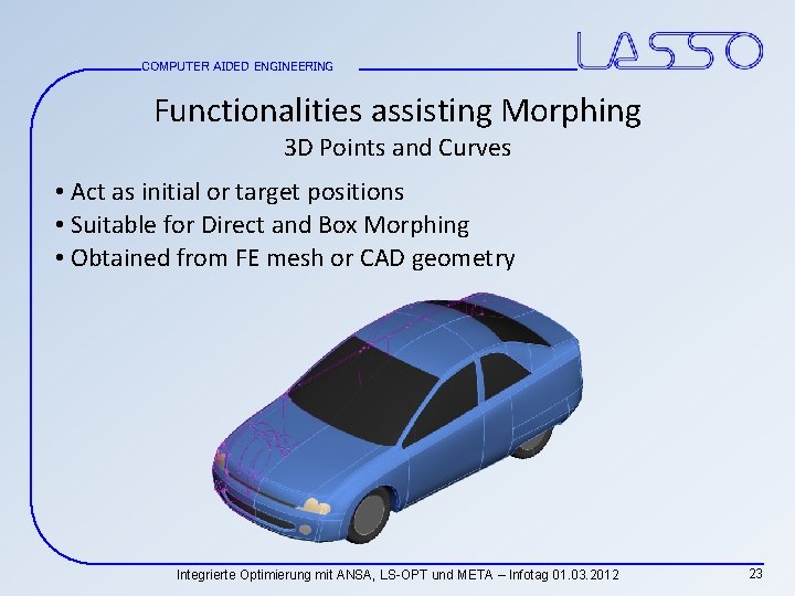 COMPUTER AIDED ENGINEERING Functionalities assisting Morphing 3 D Points and Curves • Act as