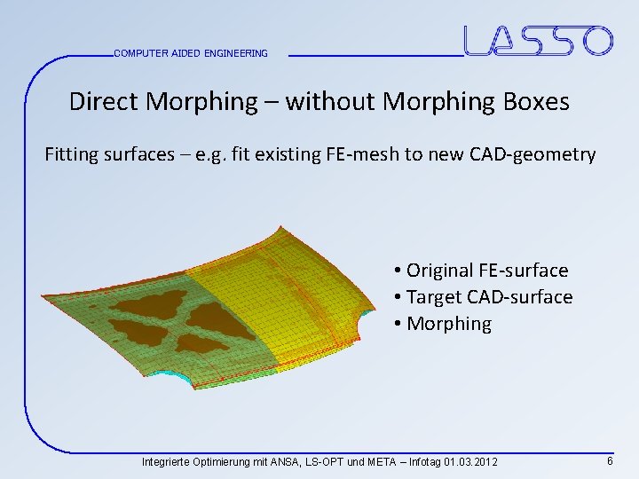 COMPUTER AIDED ENGINEERING Direct Morphing – without Morphing Boxes Fitting surfaces – e. g.