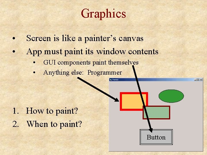 Graphics • • Screen is like a painter’s canvas App must paint its window