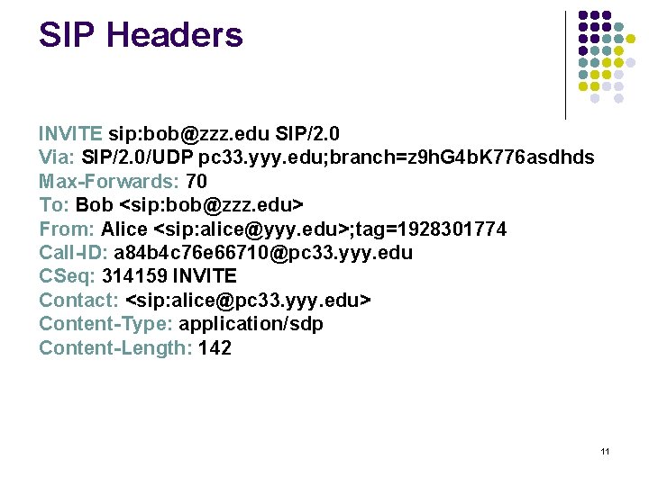SIP Headers INVITE sip: bob@zzz. edu SIP/2. 0 Via: SIP/2. 0/UDP pc 33. yyy.