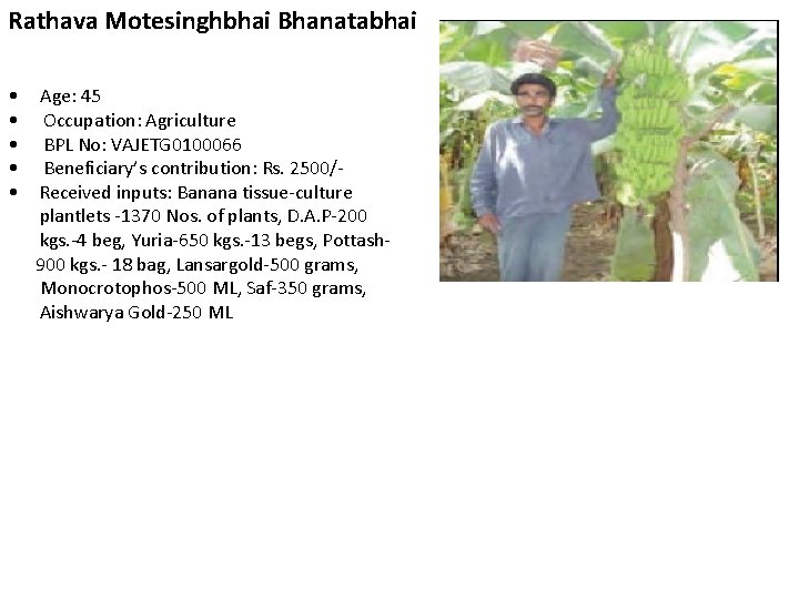Rathava Motesinghbhai Bhanatabhai • • • Age: 45 Occupation: Agriculture BPL No: VAJETG 0100066