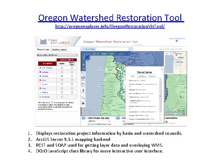 Oregon Watershed Restoration Tool http: //oregonexplorer. info/Oregon. Restoration. Vis. Tool/ 1. 2. 3. 4.
