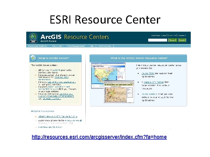 ESRI Resource Center http: //resources. esri. com/arcgisserver/index. cfm? fa=home 