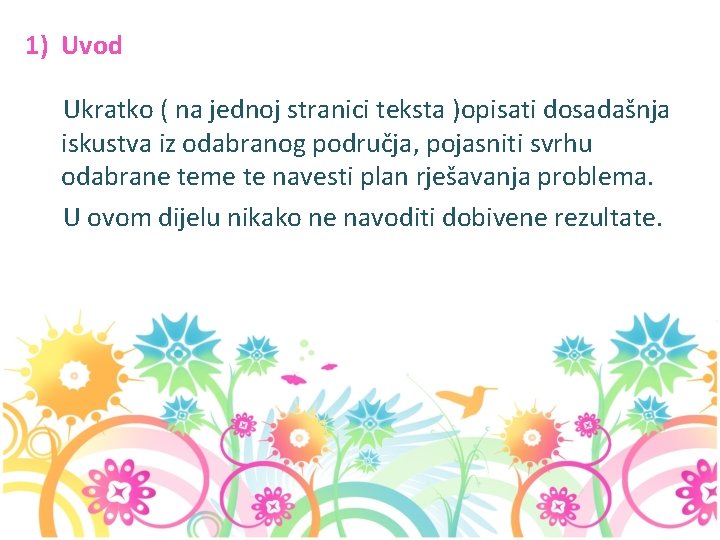 1) Uvod Ukratko ( na jednoj stranici teksta )opisati dosadašnja iskustva iz odabranog područja,