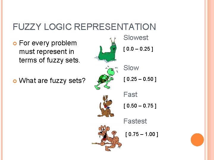 FUZZY LOGIC REPRESENTATION For every problem must represent in terms of fuzzy sets. What