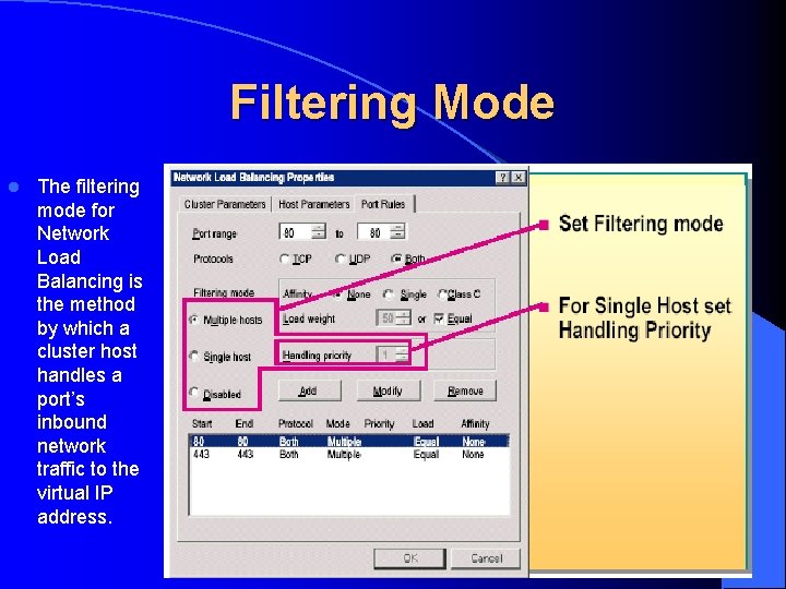 Filtering Mode l The filtering mode for Network Load Balancing is the method by