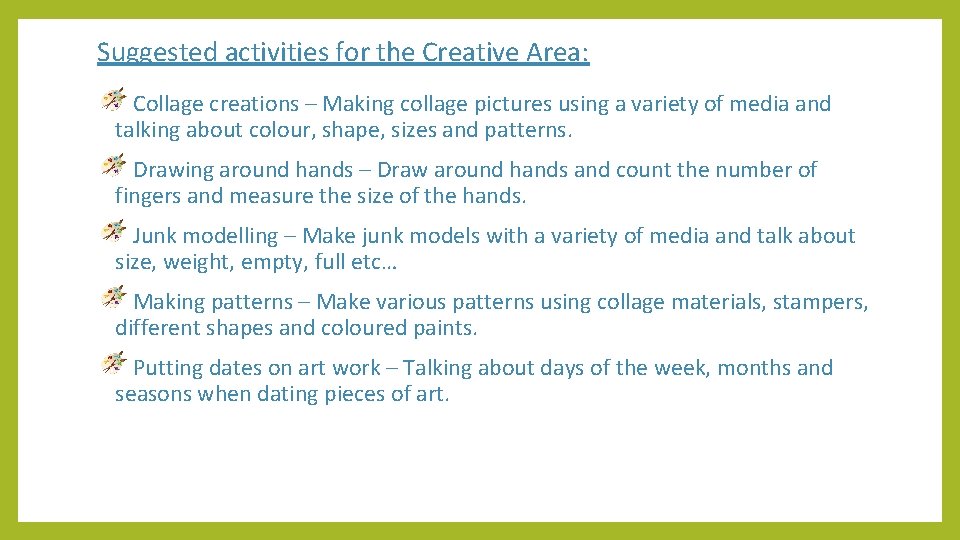 Suggested activities for the Creative Area: Collage creations – Making collage pictures using a