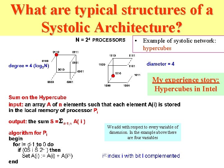What are typical structures of a Systolic Architecture? • Example of systolic network: hypercubes