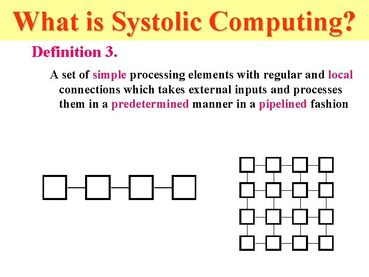 What is Systolic Computing? Definition 3. A set of simple processing elements with regular