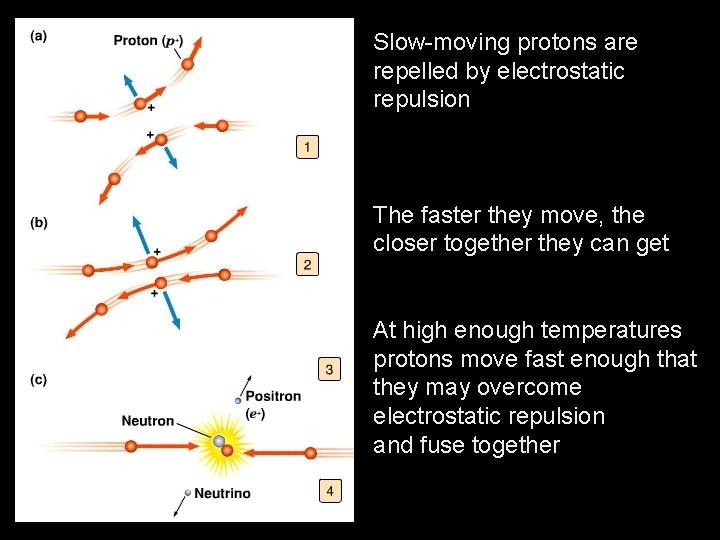 Slow-moving protons are repelled by electrostatic repulsion The faster they move, the closer together