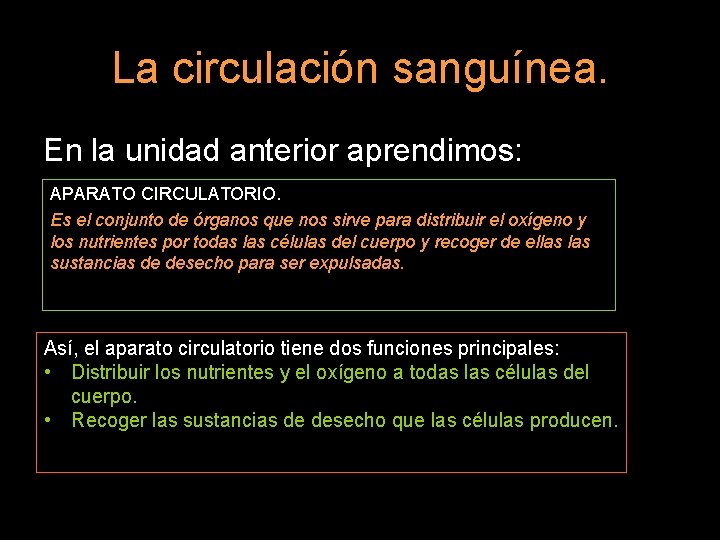 La circulación sanguínea. En la unidad anterior aprendimos: APARATO CIRCULATORIO. Es el conjunto de