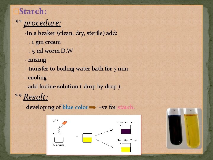 �Starch: ** procedure: -In a beaker (clean, dry, sterile) add: . 1 gm cream.