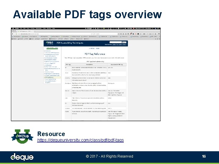 Available PDF tags overview Resource https: //dequeuniversity. com/class/pdf-tags © 2017 - All Rights Reserved