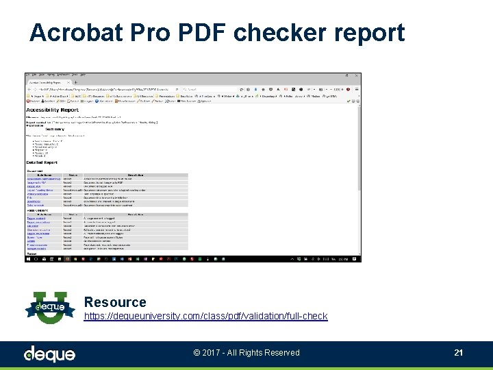 Acrobat Pro PDF checker report Resource https: //dequeuniversity. com/class/pdf/validation/full-check © 2017 - All Rights