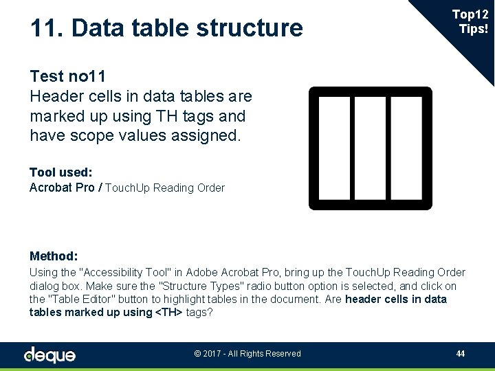 11. Data table structure Top 12 Tips! Test no 11 Header cells in data