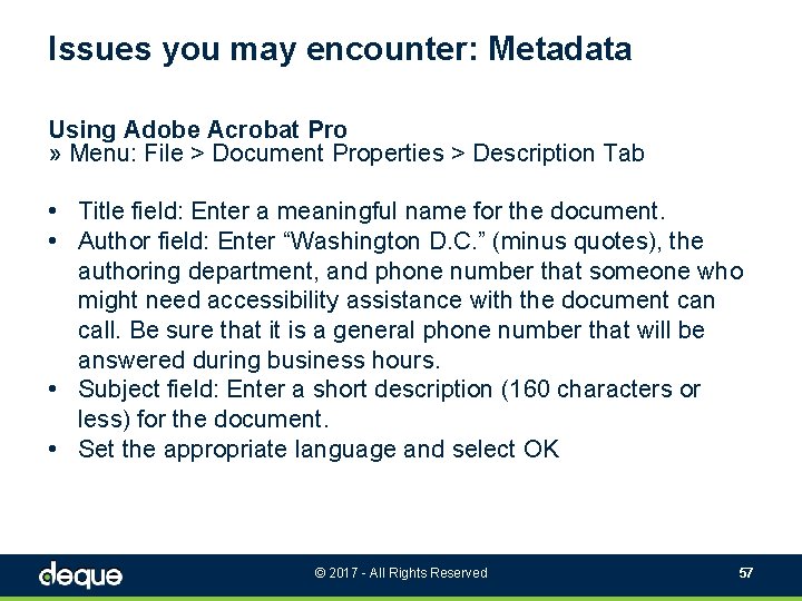 Issues you may encounter: Metadata Using Adobe Acrobat Pro » Menu: File > Document