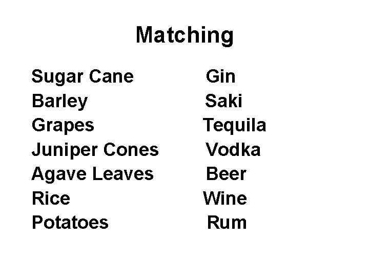 Matching Sugar Cane Barley Grapes Juniper Cones Agave Leaves Rice Potatoes Gin Saki Tequila