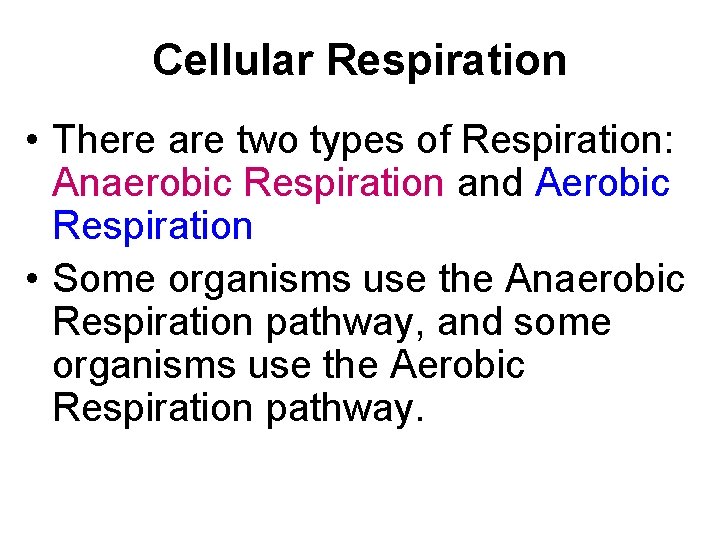 Cellular Respiration • There are two types of Respiration: Anaerobic Respiration and Aerobic Respiration