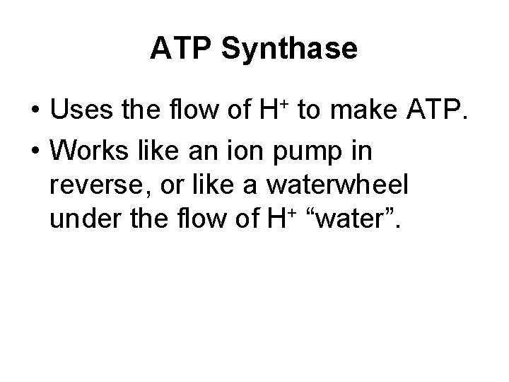 ATP Synthase • Uses the flow of H+ to make ATP. • Works like