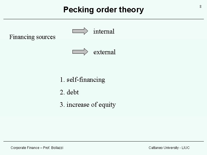 8 Pecking order theory internal Financing sources external 1. self-financing 2. debt 3. increase 8 Pecking order theory internal Financing sources external 1. self-financing 2. debt 3. increase