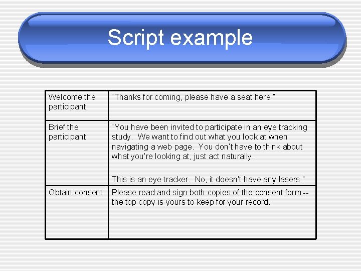 Script example Welcome the participant “Thanks for coming, please have a seat here. ”