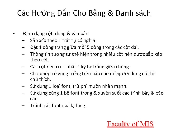 Các Hướng Dẫn Cho Bảng & Danh sách • Định dạng cột, dòng &