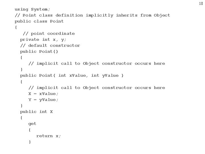 18 using System; // Point class definition implicitly inherits from Object public class Point