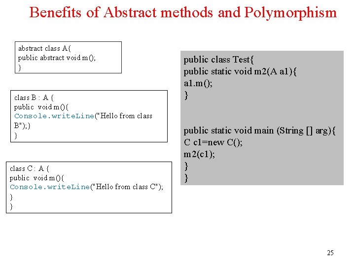 Benefits of Abstract methods and Polymorphism abstract class A{ public abstract void m(); }