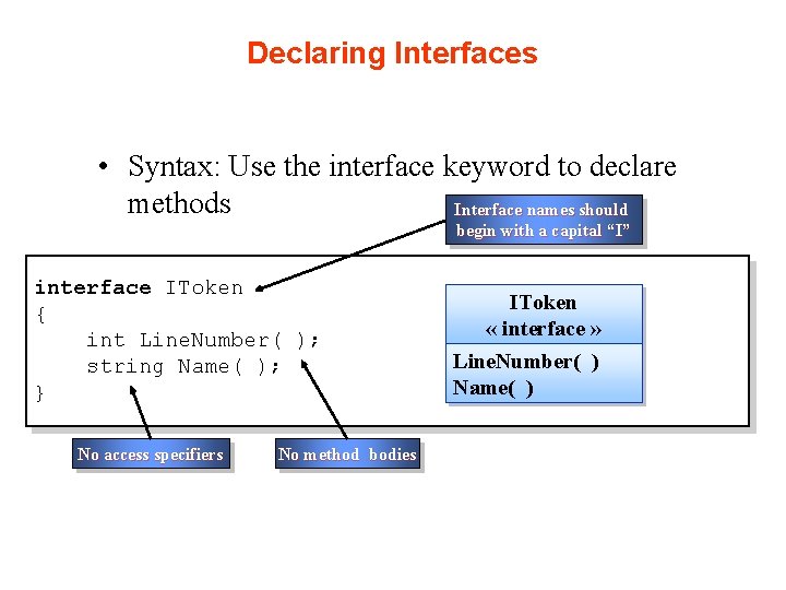 Declaring Interfaces • Syntax: Use the interface keyword to declare methods Interface names should