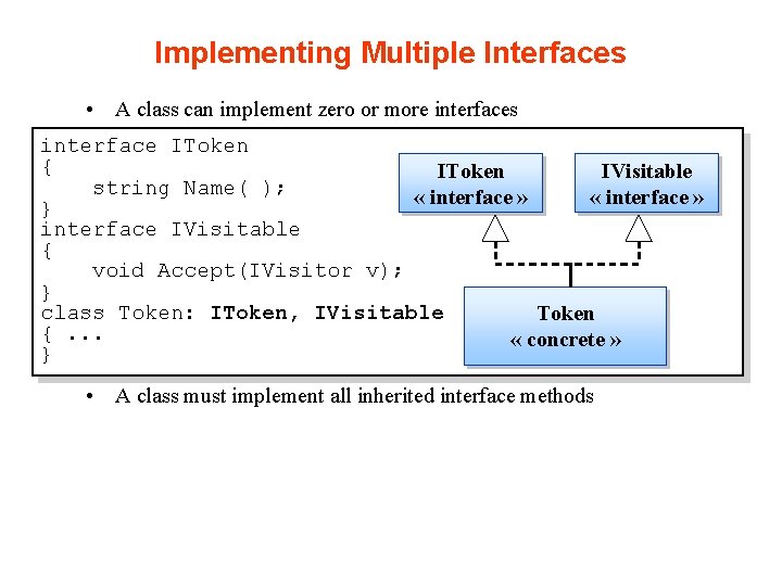 Implementing Multiple Interfaces • A class can implement zero or more interfaces interface IToken