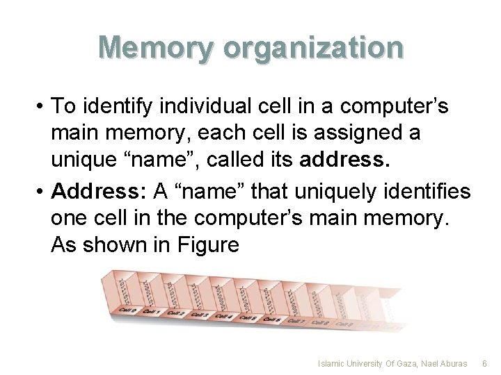 Memory organization • To identify individual cell in a computer’s main memory, each cell