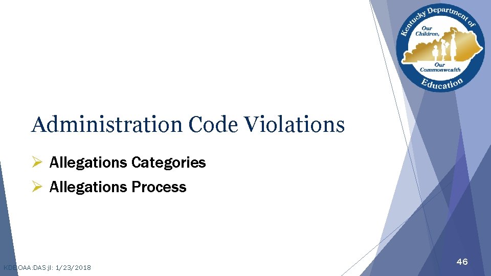 Administration Code Violations Ø Allegations Categories Ø Allegations Process KDE: OAA: DAS: jl: 1/23/2018
