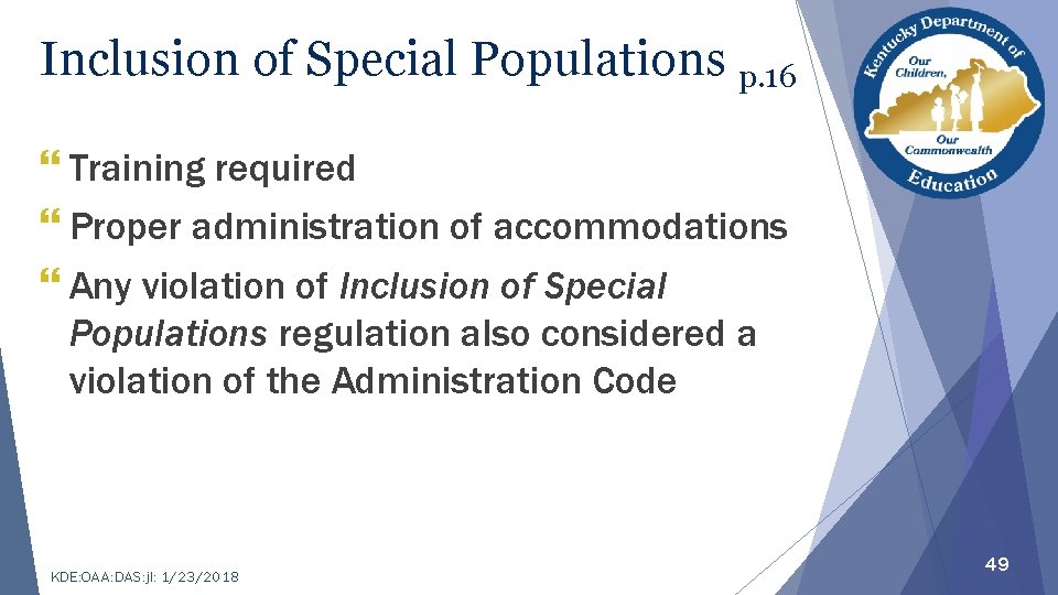 Inclusion of Special Populations p. 16 } Training required } Proper administration of accommodations