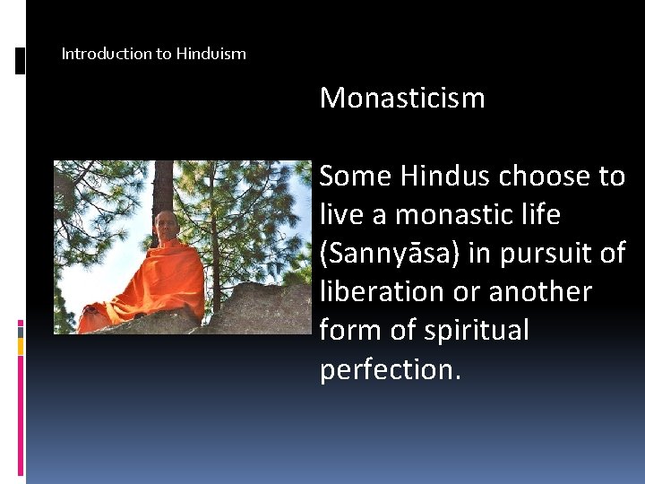 Introduction to Hinduism Monasticism Some Hindus choose to live a monastic life (Sannyāsa) in