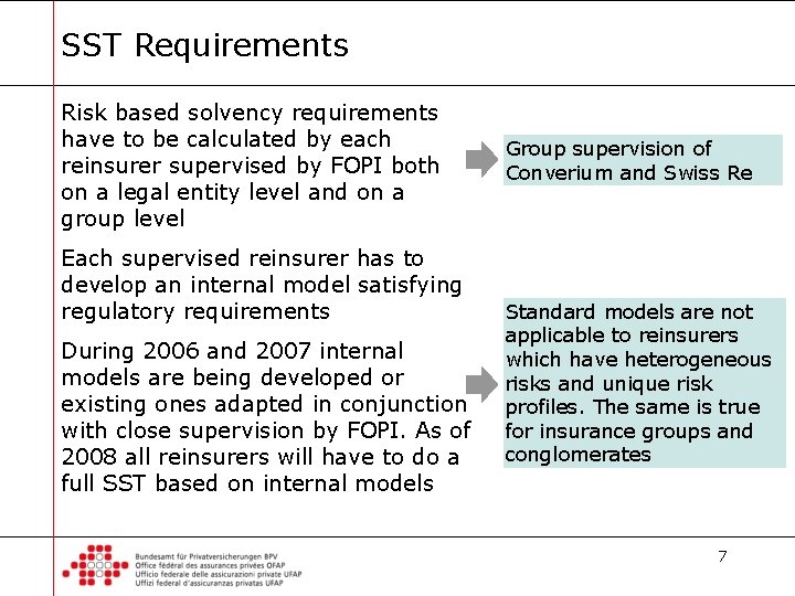 SST Requirements Risk based solvency requirements have to be calculated by each reinsurer supervised SST Requirements Risk based solvency requirements have to be calculated by each reinsurer supervised