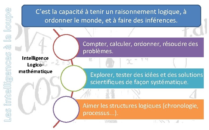 Les intelligences à la loupe C’est la capacité à tenir un raisonnement logique, à