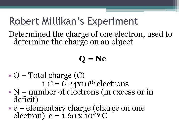 Robert Millikan’s Experiment Determined the charge of one electron, used to determine the charge