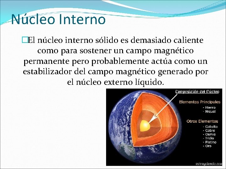 Núcleo Interno �El núcleo interno sólido es demasiado caliente como para sostener un campo