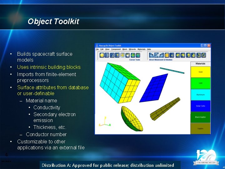 Object Toolkit • • • Builds spacecraft surface models Uses intrinsic building blocks Imports