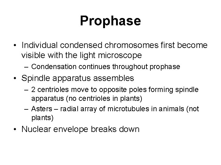 Prophase • Individual condensed chromosomes first become visible with the light microscope – Condensation